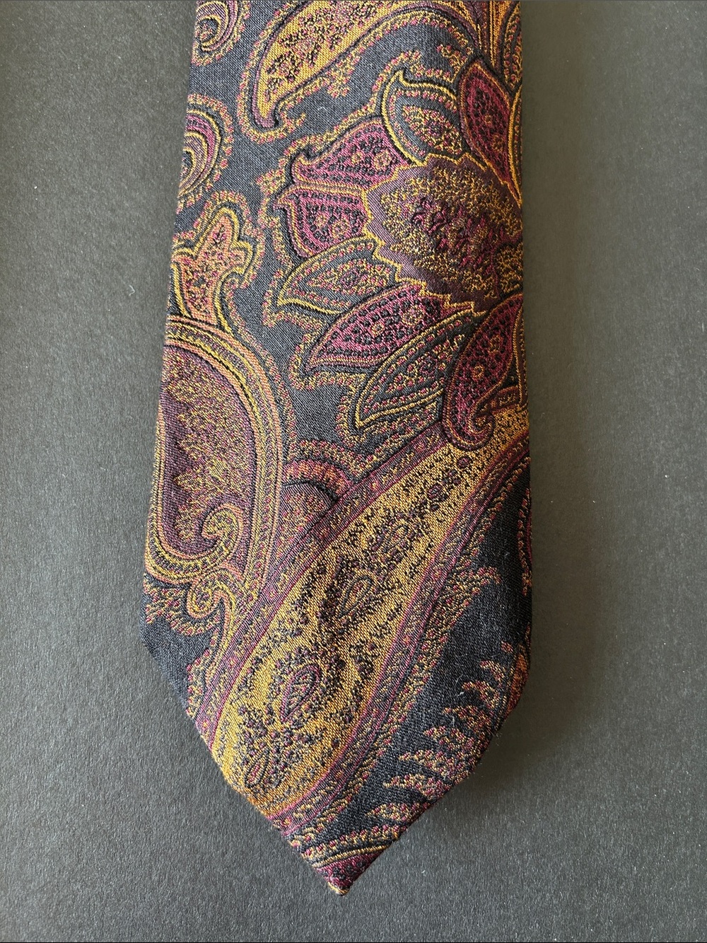 Ralph Lauren Purple Label Black Silk Paisley Tie with Gold & Burgundy Accents